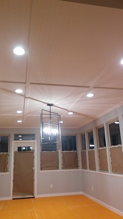 Ceiling Bead-board, Recessed Lighting and Chandelier