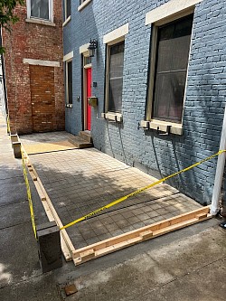 Concrete footers completed and now wood forms and wire reinforcement in place for 3 1/2” concrete elevated pad that the brick pavers will be mortared to.